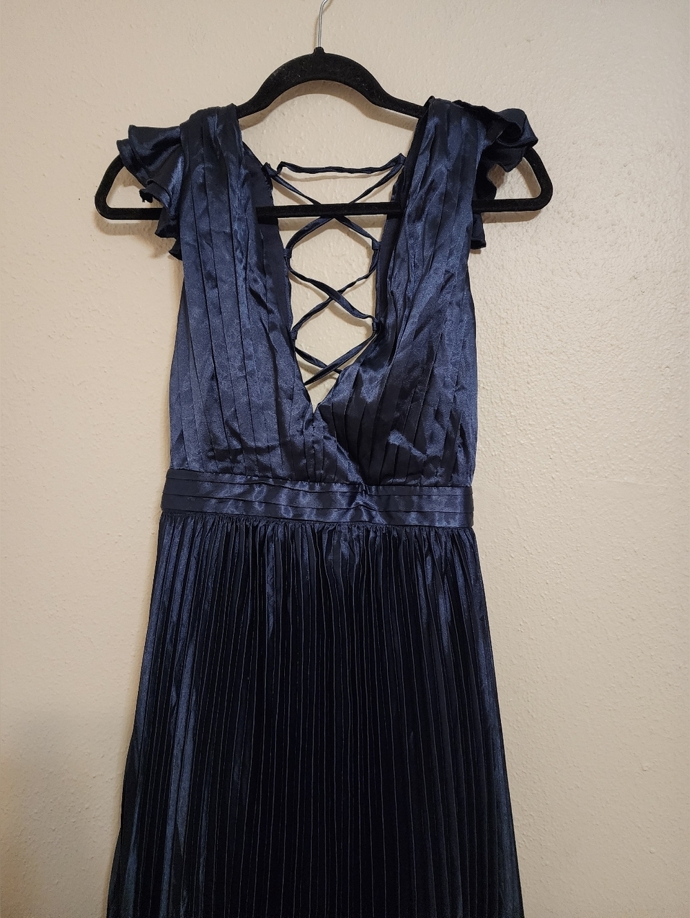 Lulus Exceptional Drama Navy Blue Satin Lace-Up Pleated Maxi Dress S Wedding - Picture 8 of 10
